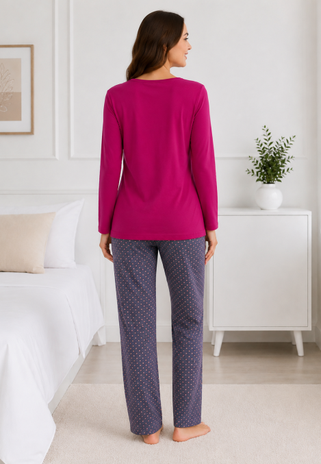 Pijama de damă cu bluză cu maneca lunga și pantaloni -Fucsia,Engros